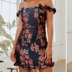 Navy Blue Floral Jacquard Ruffled Mini Dress